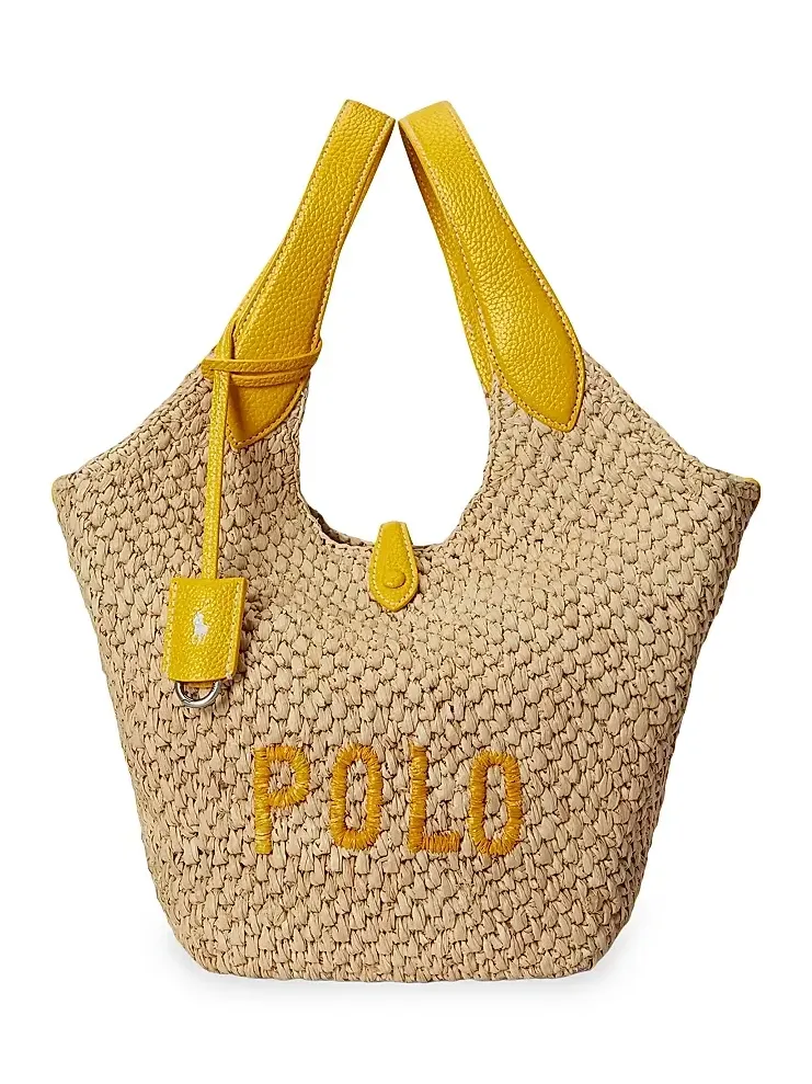 Polo Ralph Lauren Women's Medium Logo Raffia & Leather Tote Bag