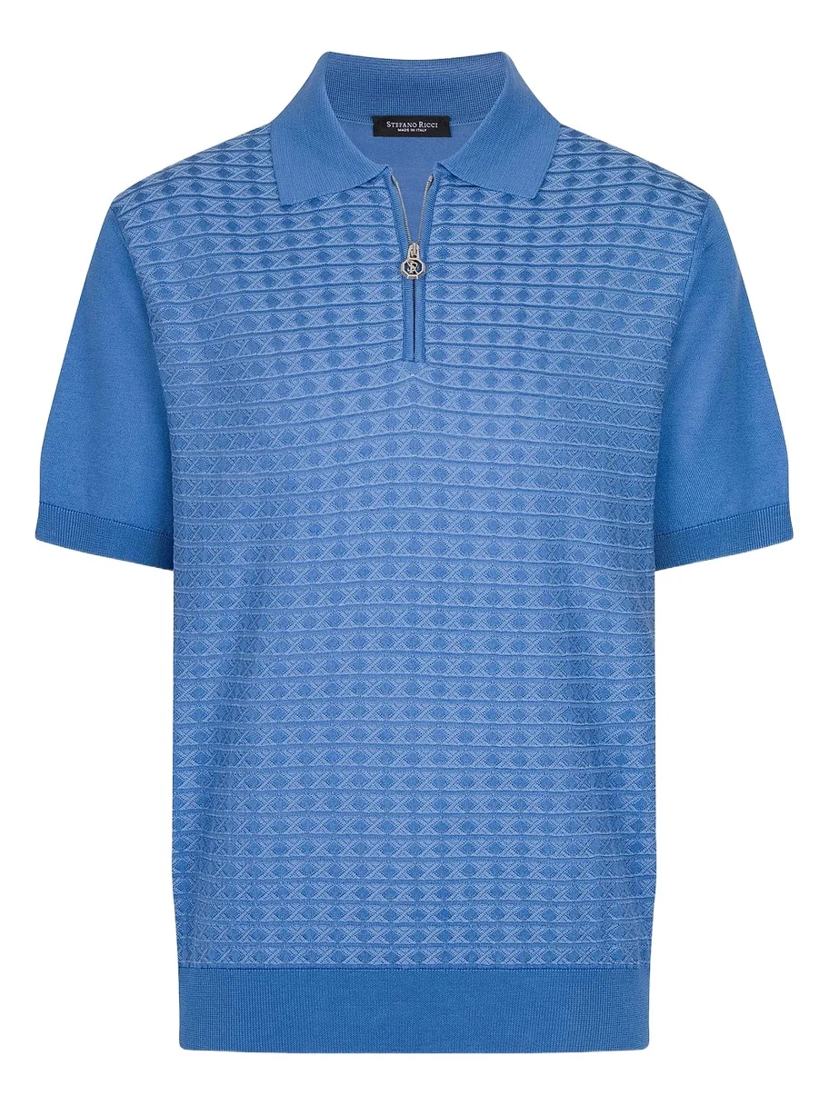 Men's Geometric Textured Silk-Cotton Quarter-Zip Polo Shirt