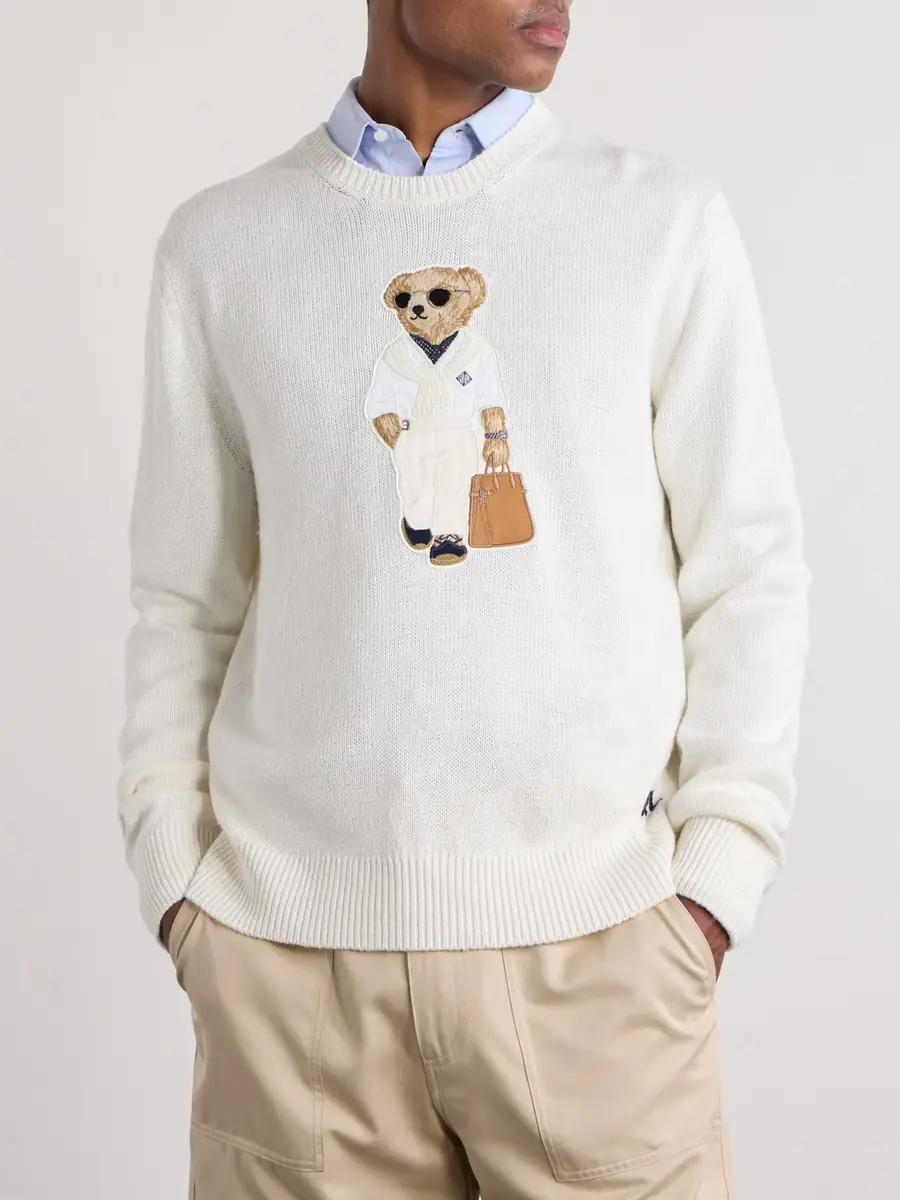 Ralph Lauren Purple Label Polo Bear Logo-Appliquéd Leather-Trimmed Knitted Silk and Linen-Blend Sweater - Men | Thumbnail 3