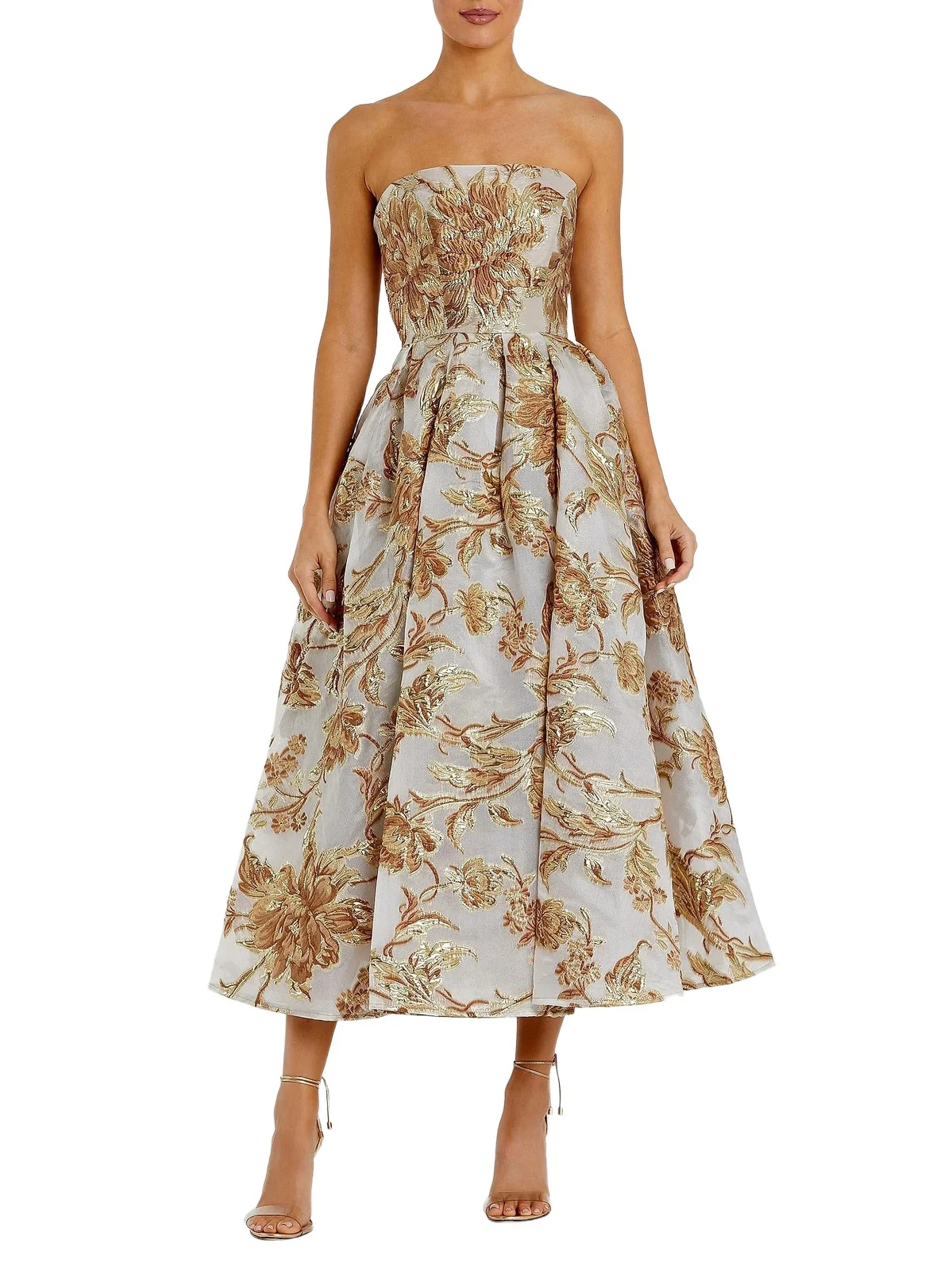 Women's Petite Floral Brocade Fit & Flare Strapless Midi-Dress Women's Petite Floral Brocade Fit & Flare Strapless Midi-Dress