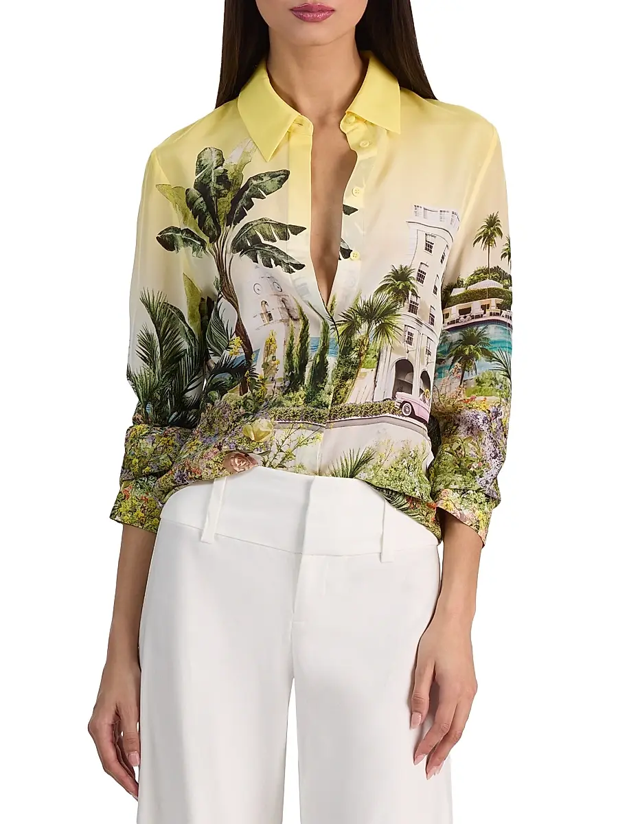 Alice + Olivia Women's Willa Staceface Silk Button-Front Shirt | Thumbnail 3