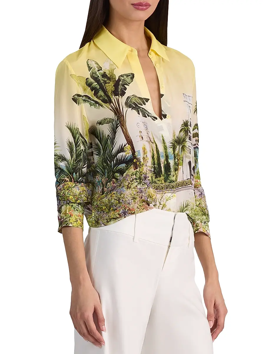 Alice + Olivia Women's Willa Staceface Silk Button-Front Shirt | Thumbnail 4