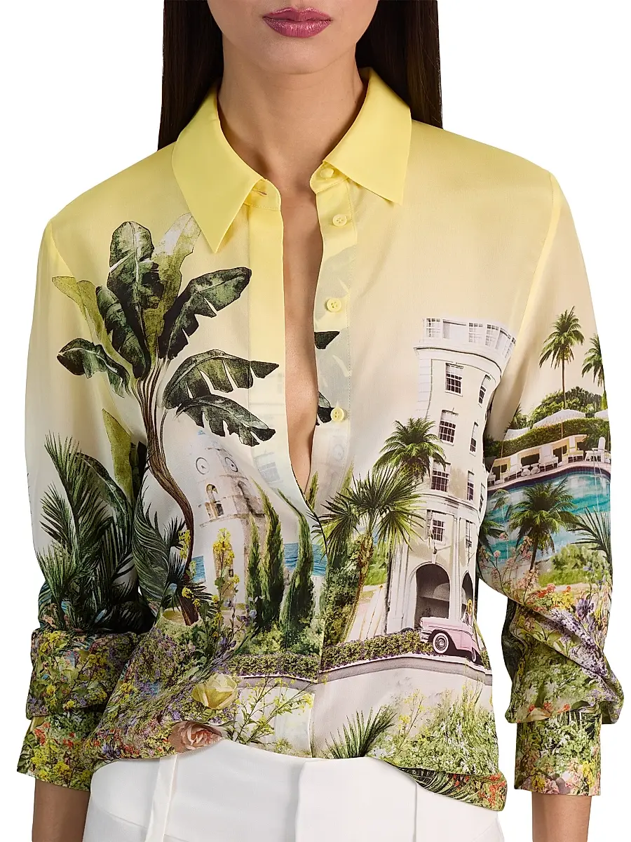 Alice + Olivia Women's Willa Staceface Silk Button-Front Shirt | Thumbnail 6