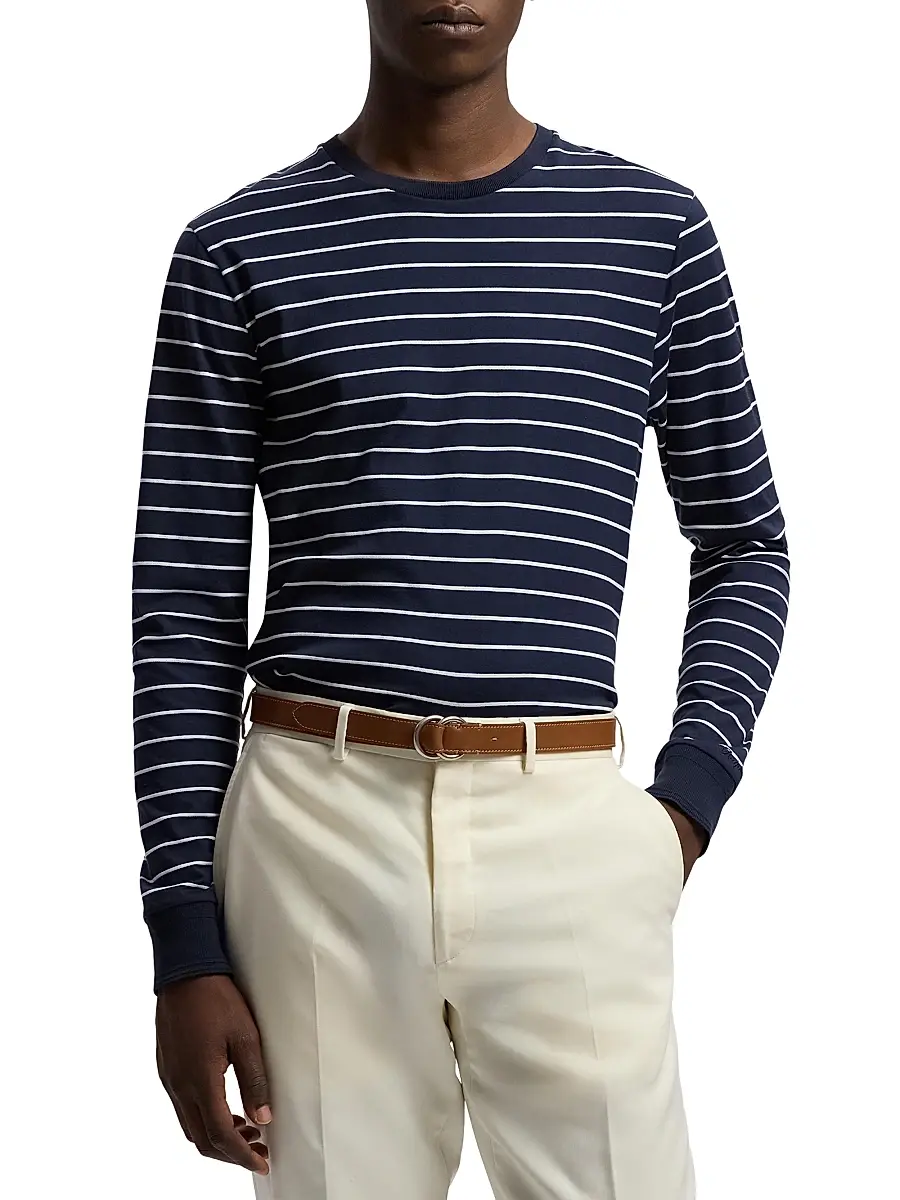 Ralph Lauren Purple Label Men's Striped Lisle-Piqué Long-Sleeve T-Shirt - Classic Chairman Navy | Thumbnail 3 Ralph Lauren Purple Label Men's Striped Lisle-Piqué Long-Sleeve T-Shirt - Classic Chairman Navy | Thumbnail 3