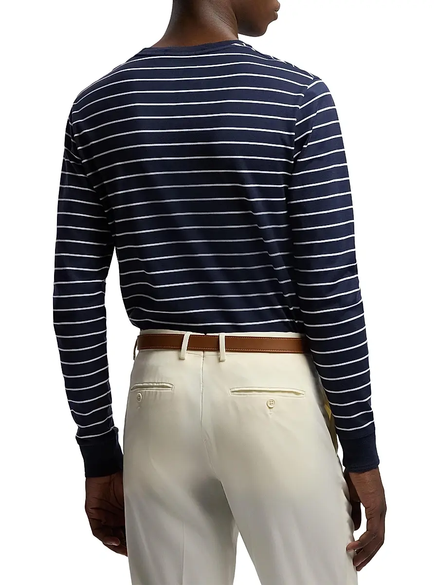 Ralph Lauren Purple Label Men's Striped Lisle-Piqué Long-Sleeve T-Shirt - Classic Chairman Navy | Thumbnail 5 Ralph Lauren Purple Label Men's Striped Lisle-Piqué Long-Sleeve T-Shirt - Classic Chairman Navy | Thumbnail 5