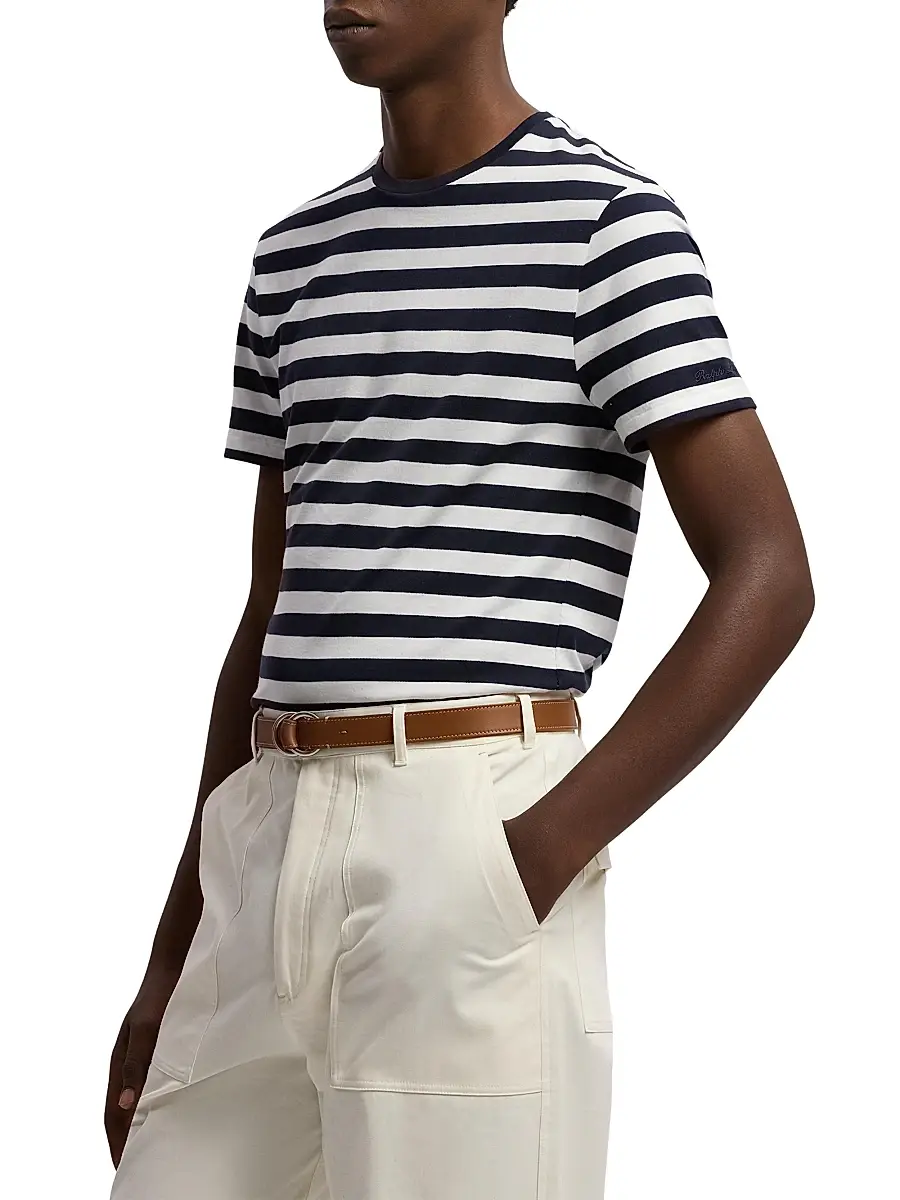 Ralph Lauren Purple Label Men's Striped Lisle-Piqué Crewneck T-Shirt - Classic Chairman Navy | Thumbnail 4 Ralph Lauren Purple Label Men's Striped Lisle-Piqué Crewneck T-Shirt - Classic Chairman Navy | Thumbnail 4