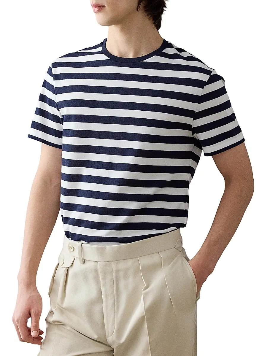 Ralph Lauren Purple Label Men's Striped Lisle-Piqué Crewneck T-Shirt - Classic Chairman Navy | Thumbnail 6 Ralph Lauren Purple Label Men's Striped Lisle-Piqué Crewneck T-Shirt - Classic Chairman Navy | Thumbnail 6