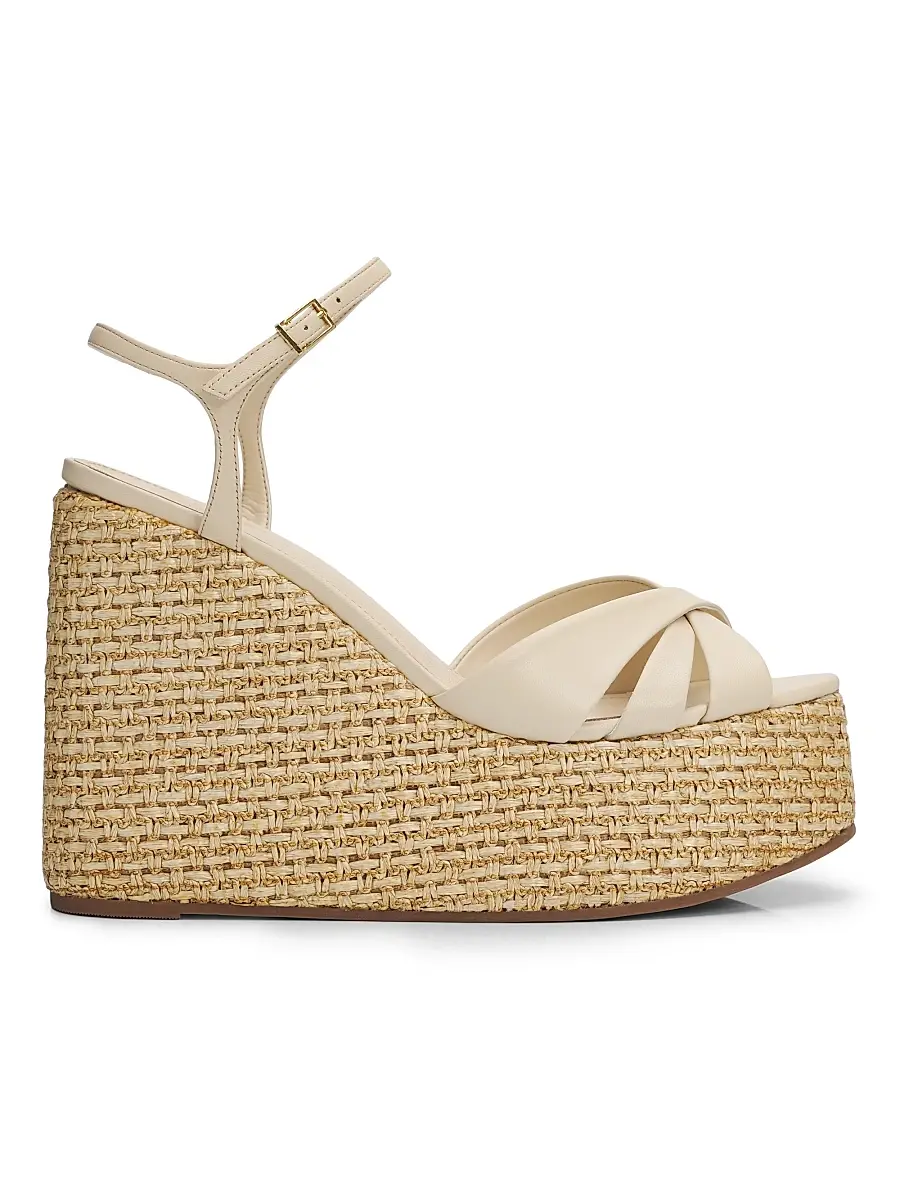 Schutz Women's Keefa 120MM Leather-Raffia Wedge Sandals - Egg Shell | Image 1 Schutz Women's Keefa 120MM Leather-Raffia Wedge Sandals - Egg Shell | Image 1