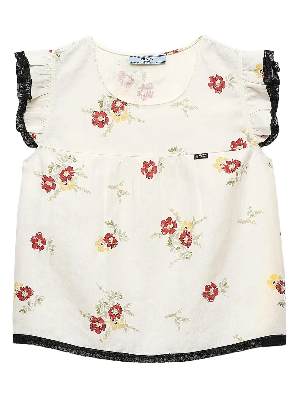 Prada Women's Linen Top with Floral Motif - Red