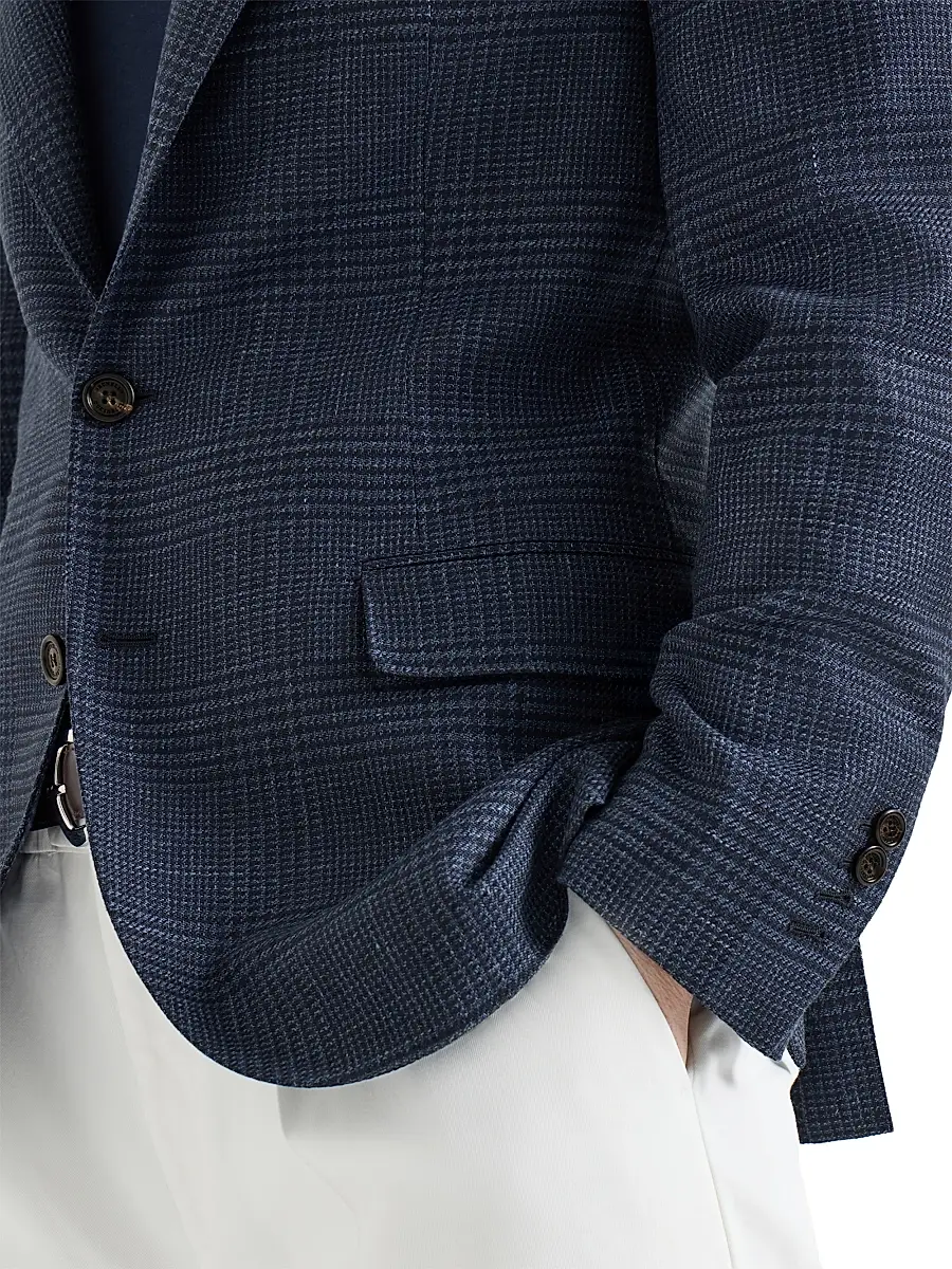 Brunello Cucinelli Men's Wool, Silk and Linen Prince of Wales Deconstructed Blazer | Thumbnail 4