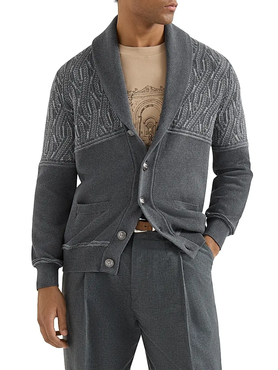 Brunello Cucinelli Men's Cotton Shawl Collar Cardigan with Jacquard Cable Shoulder | Thumbnail 2 Brunello Cucinelli Men's Cotton Shawl Collar Cardigan with Jacquard Cable Shoulder | Thumbnail 2