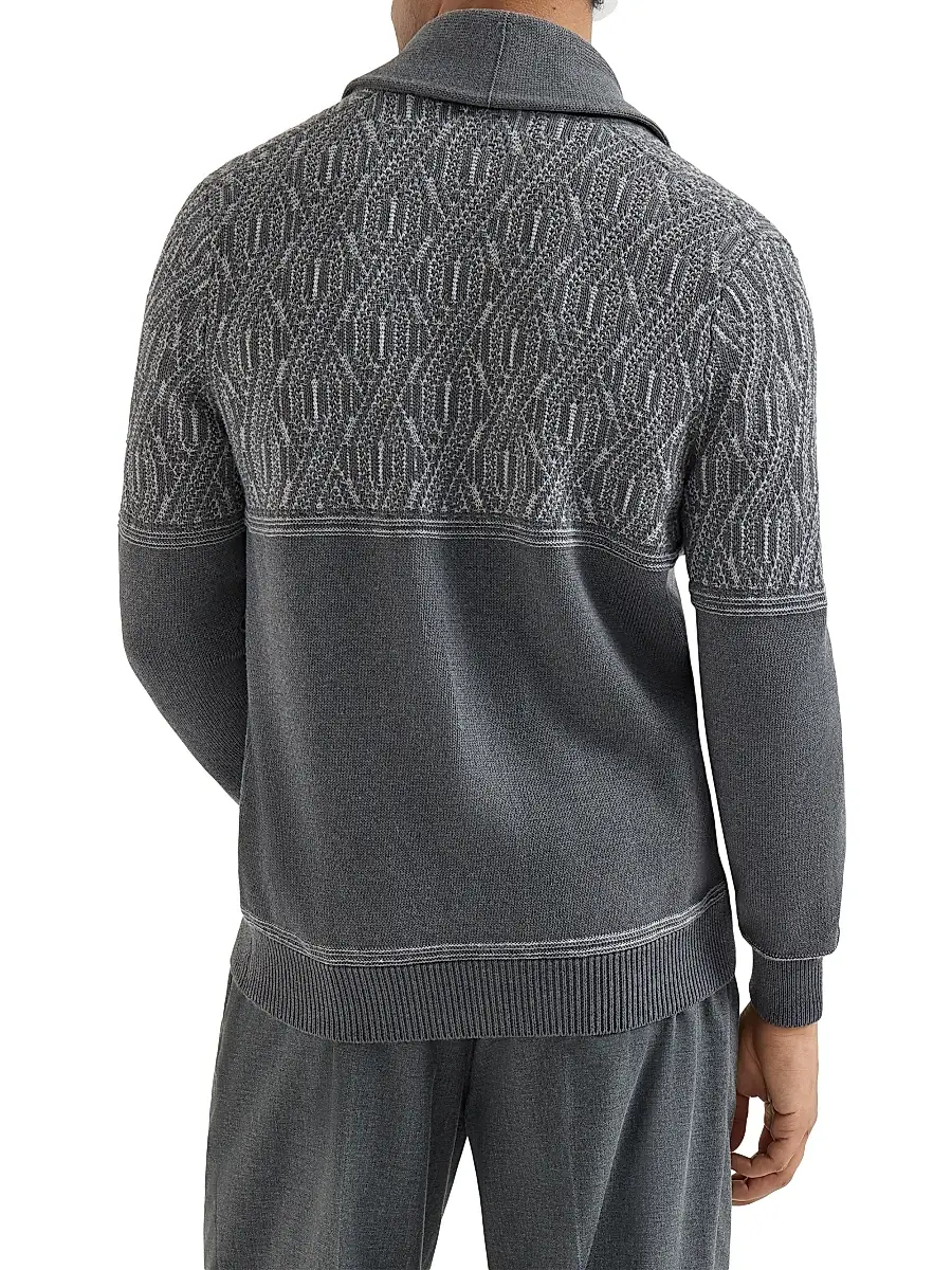 Brunello Cucinelli Men's Cotton Shawl Collar Cardigan with Jacquard Cable Shoulder | Thumbnail 3 Brunello Cucinelli Men's Cotton Shawl Collar Cardigan with Jacquard Cable Shoulder | Thumbnail 3
