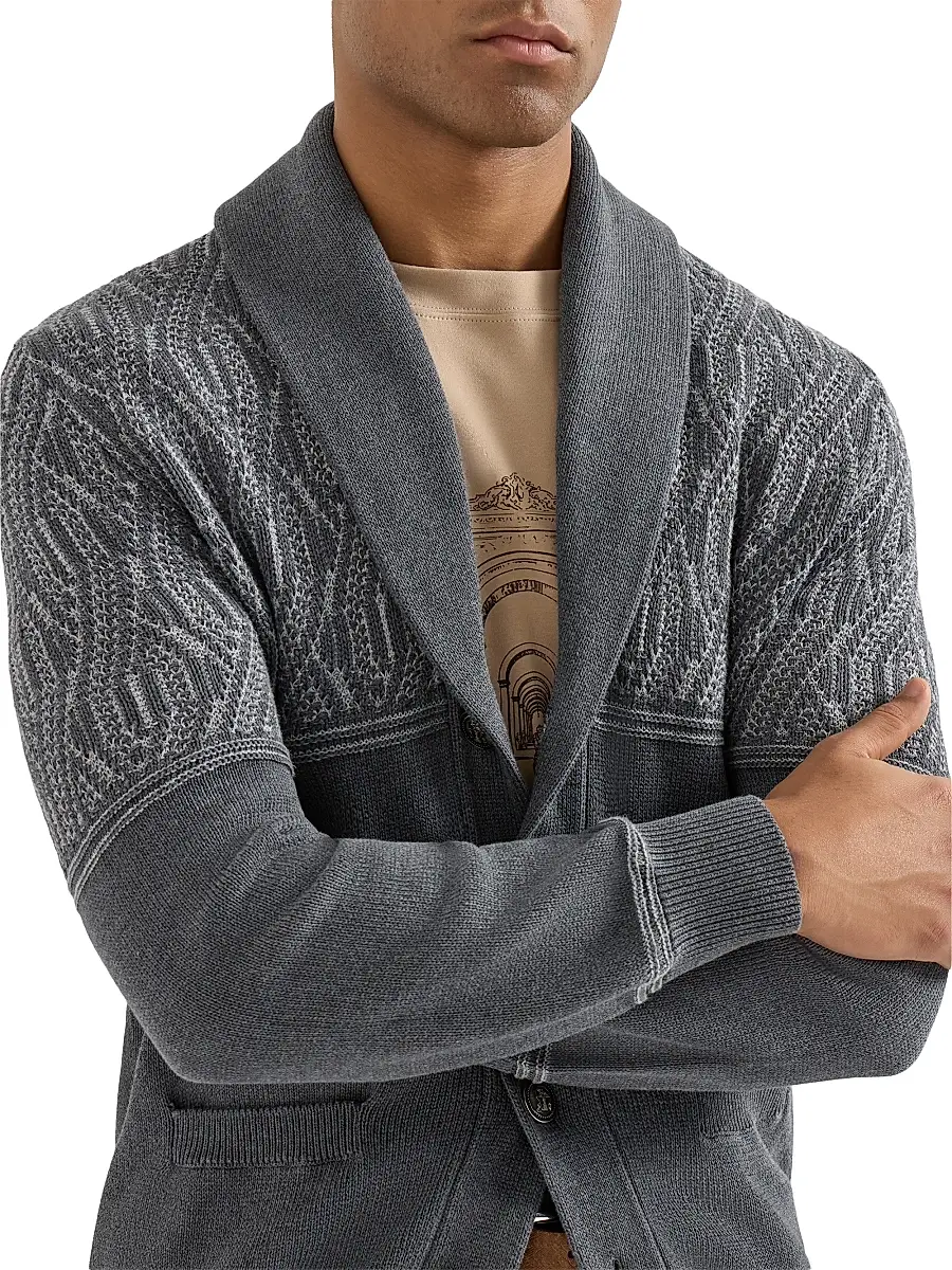 Brunello Cucinelli Men's Cotton Shawl Collar Cardigan with Jacquard Cable Shoulder | Thumbnail 4 Brunello Cucinelli Men's Cotton Shawl Collar Cardigan with Jacquard Cable Shoulder | Thumbnail 4