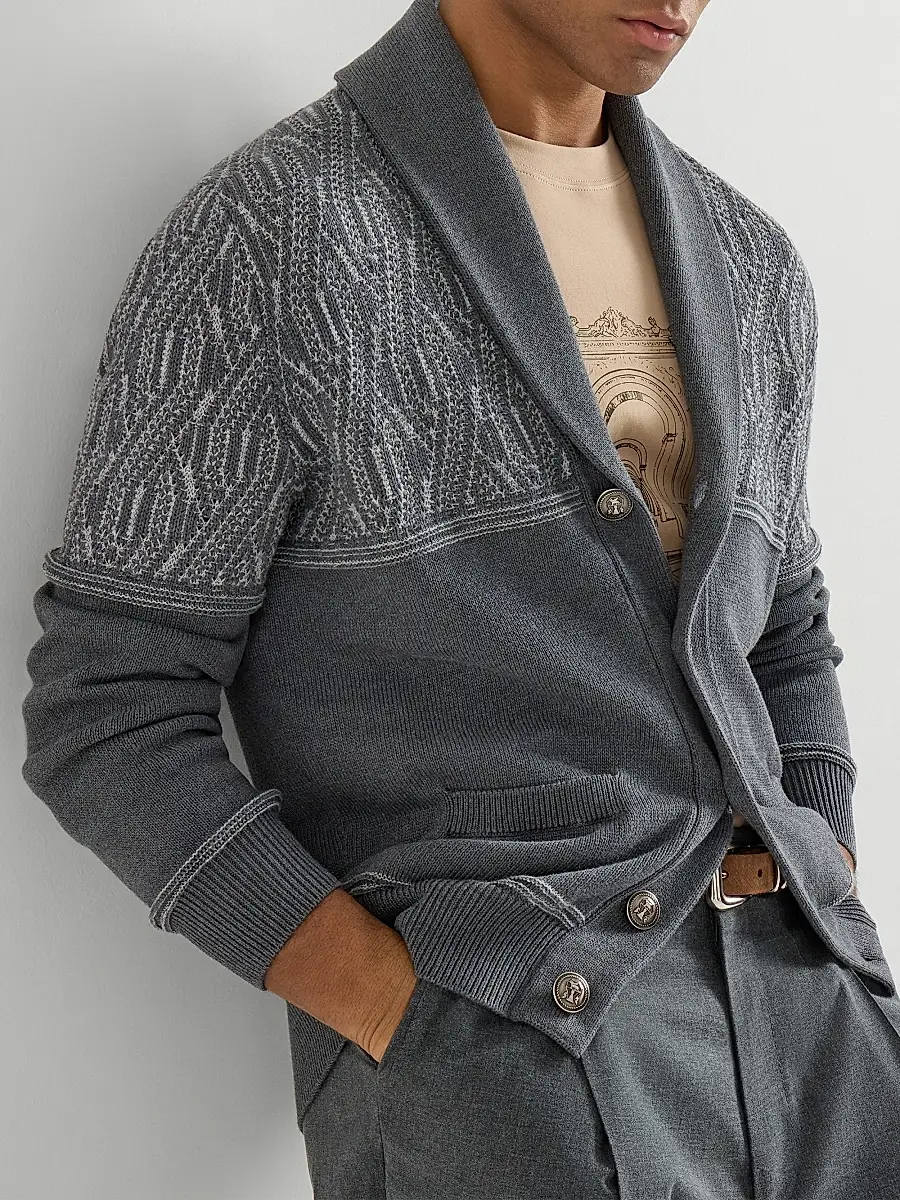 Brunello Cucinelli Men's Cotton Shawl Collar Cardigan with Jacquard Cable Shoulder | Thumbnail 5 Brunello Cucinelli Men's Cotton Shawl Collar Cardigan with Jacquard Cable Shoulder | Thumbnail 5