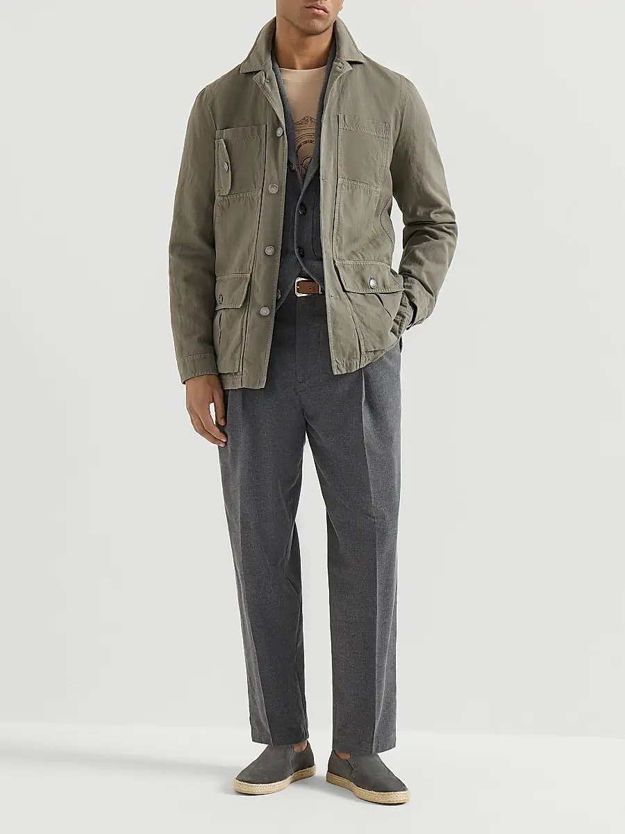 Brunello Cucinelli Men's Cotton Shawl Collar Cardigan with Jacquard Cable Shoulder | Thumbnail 6 Brunello Cucinelli Men's Cotton Shawl Collar Cardigan with Jacquard Cable Shoulder | Thumbnail 6