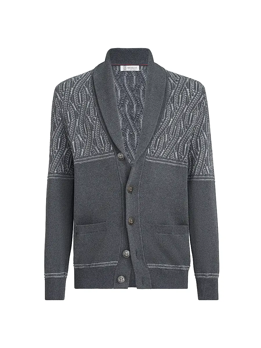 Brunello Cucinelli Men's Cotton Shawl Collar Cardigan with Jacquard Cable Shoulder - Medium Grey | Image 1 Brunello Cucinelli Men's Cotton Shawl Collar Cardigan with Jacquard Cable Shoulder - Medium Grey | Image 1