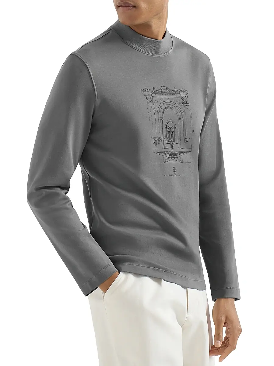 Brunello Cucinelli Men's Cotton Interlock Long Sleeve T-Shirt with Mock Neck and Print | Thumbnail 2 Brunello Cucinelli Men's Cotton Interlock Long Sleeve T-Shirt with Mock Neck and Print | Thumbnail 2