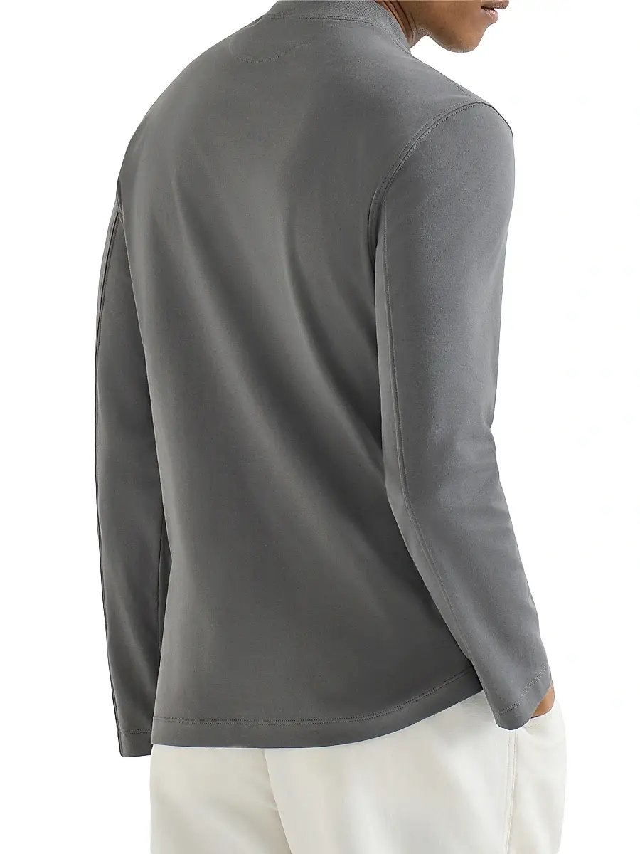 Brunello Cucinelli Men's Cotton Interlock Long Sleeve T-Shirt with Mock Neck and Print | Thumbnail 3 Brunello Cucinelli Men's Cotton Interlock Long Sleeve T-Shirt with Mock Neck and Print | Thumbnail 3
