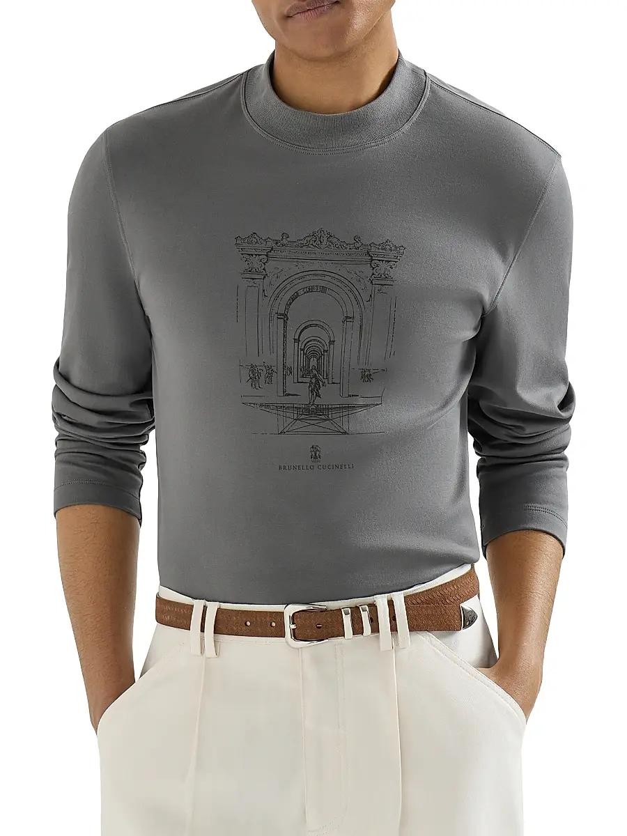Brunello Cucinelli Men's Cotton Interlock Long Sleeve T-Shirt with Mock Neck and Print | Thumbnail 4 Brunello Cucinelli Men's Cotton Interlock Long Sleeve T-Shirt with Mock Neck and Print | Thumbnail 4
