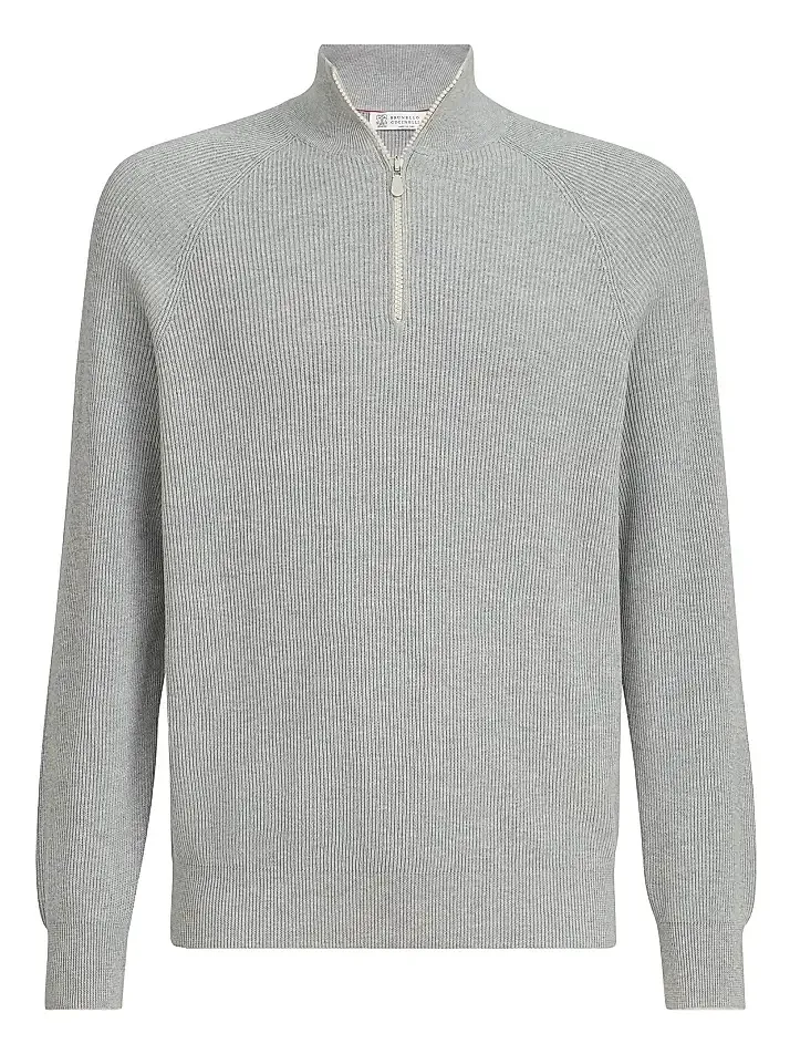 Men's Cotton English Rib Sweater with Half Zip - Light Grey