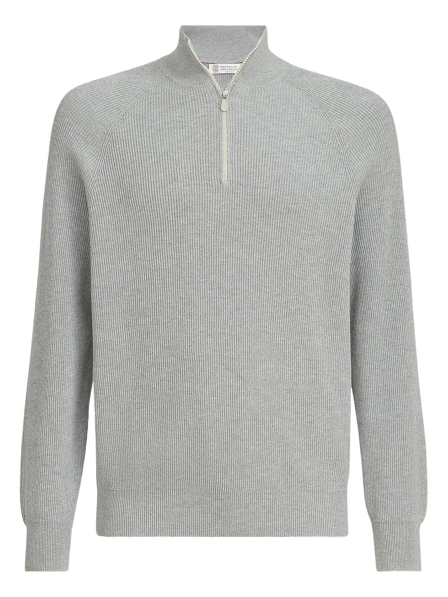 Men's Cotton English Rib Sweater with Half Zip - Light Grey Men's Cotton English Rib Sweater with Half Zip - Light Grey