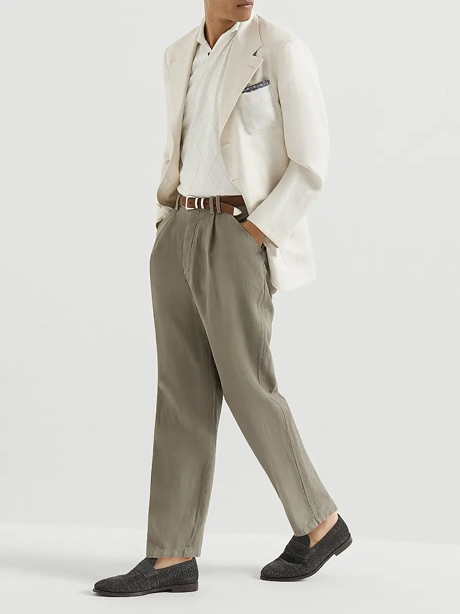 Brunello Cucinelli Men's Garment Dyed Trousers in Cotton and Linen Canvas | Thumbnail 6