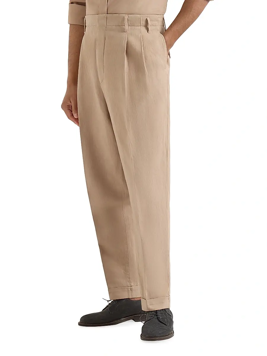 Brunello Cucinelli Men's Garment Dyed Trousers in Cotton and Linen Canvas with Double Pleats | Thumbnail 2