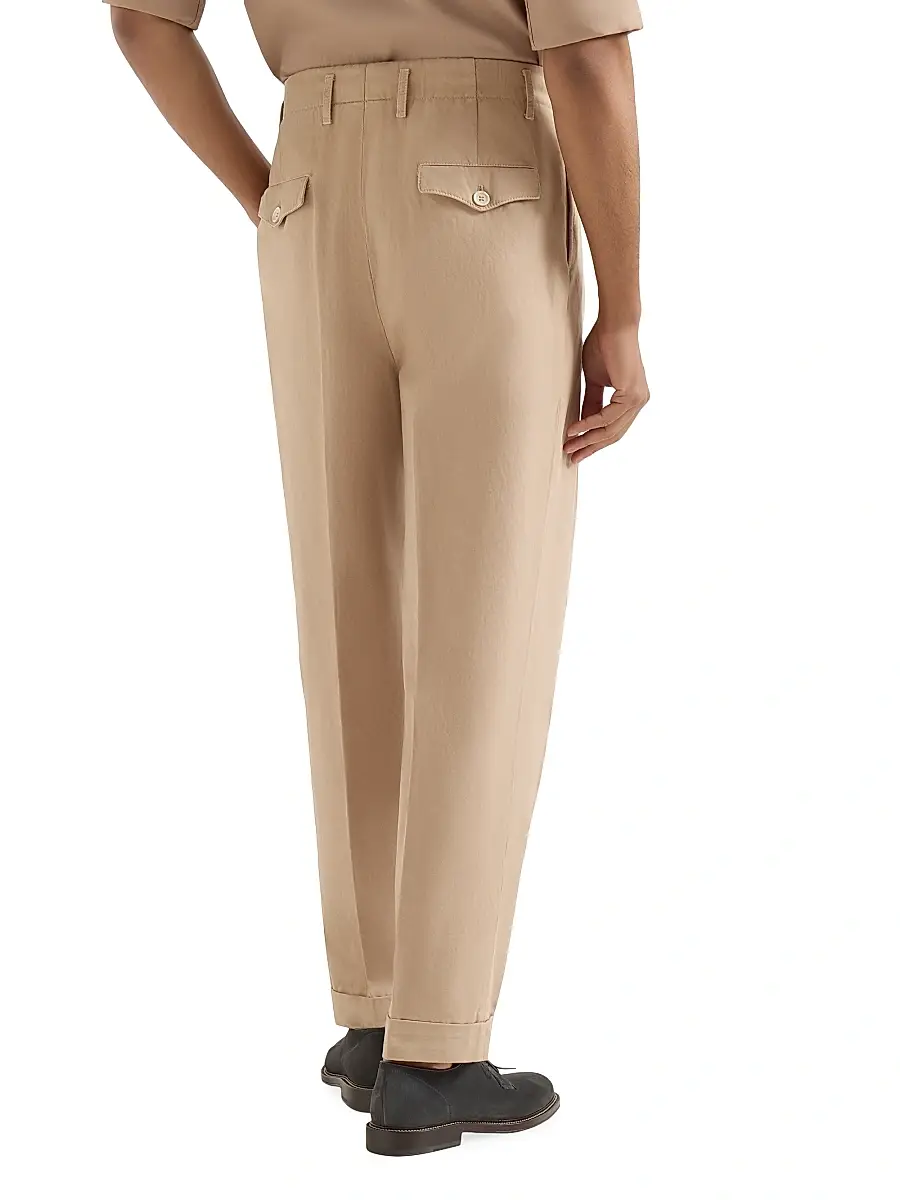 Brunello Cucinelli Men's Garment Dyed Trousers in Cotton and Linen Canvas with Double Pleats | Thumbnail 4