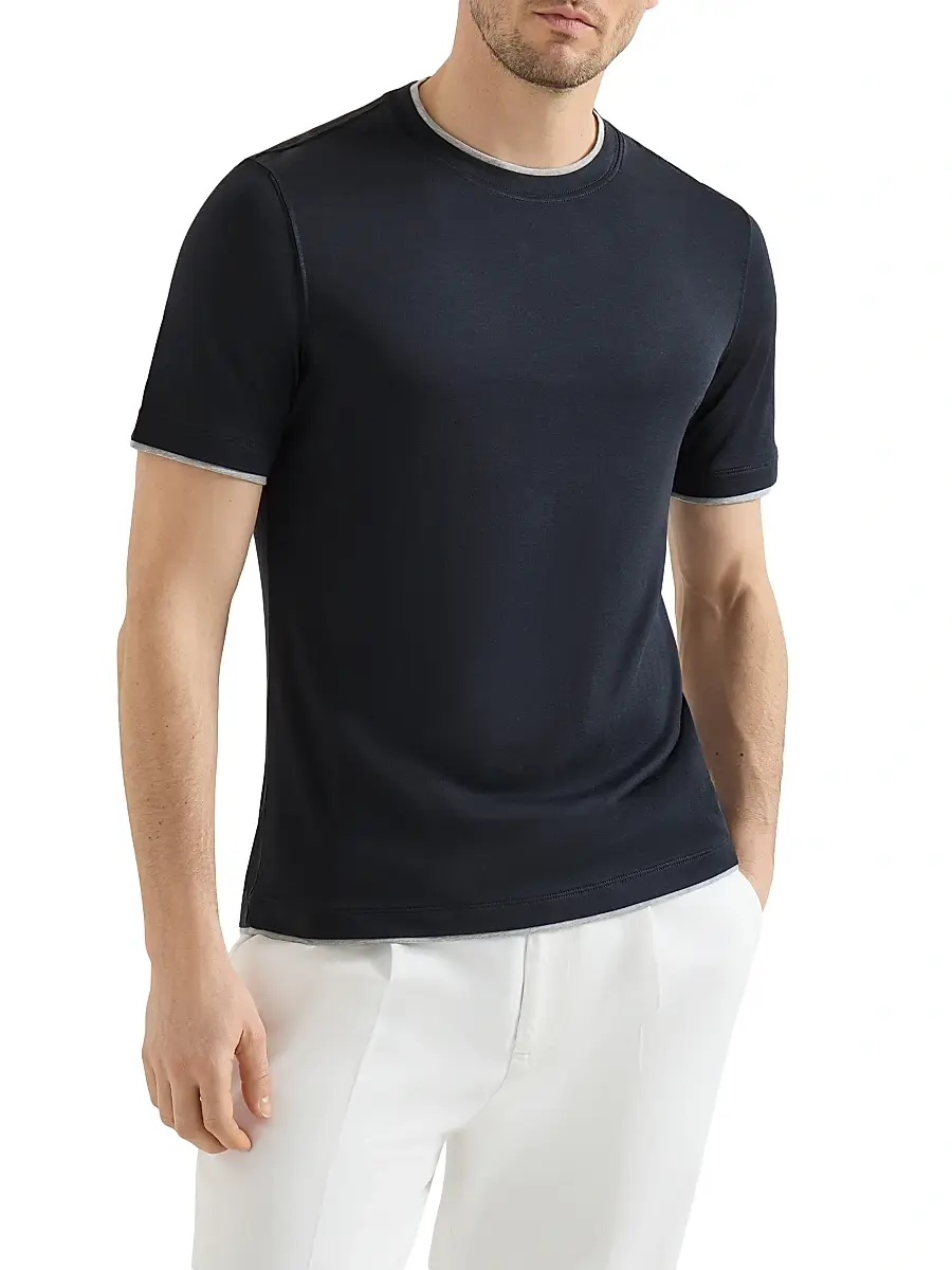 Brunello Cucinelli Men's Silk and Cotton Lightweight Jersey Crew-Neck T Shirt | Thumbnail 2