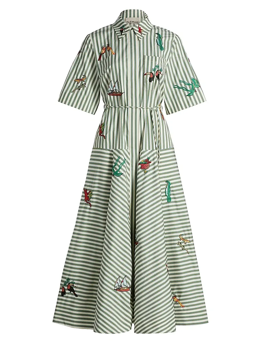 ALÉMAIS Women's Bisou Embroidered Striped Cotton Poplin Midi-Shirtdress