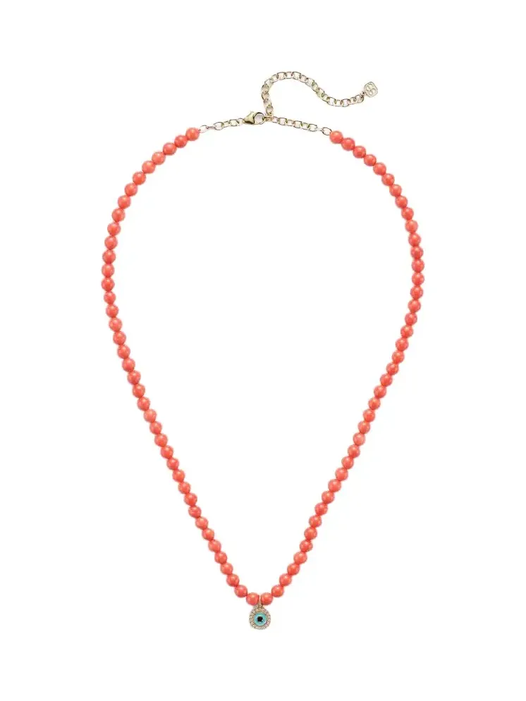 Evil Eye 14kt gold and coral beaded necklace with diamonds