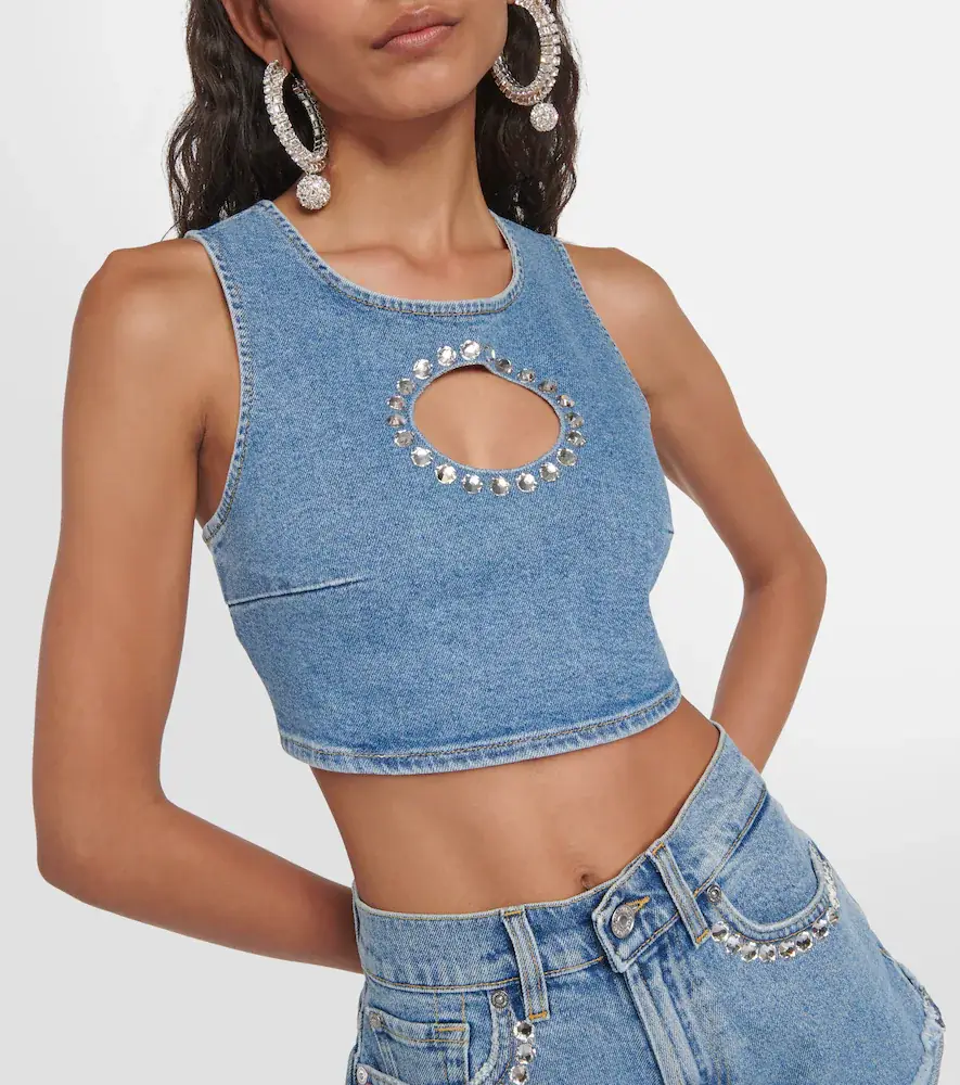 7 For All Mankind Embellished denim crop top | Thumbnail 4 7 For All Mankind Embellished denim crop top | Thumbnail 4