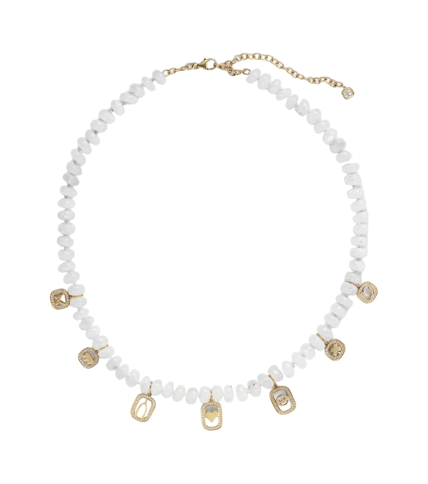 Multi-charm 14kt gold necklace with moonstone and diamonds Multi-charm 14kt gold necklace with moonstone and diamonds