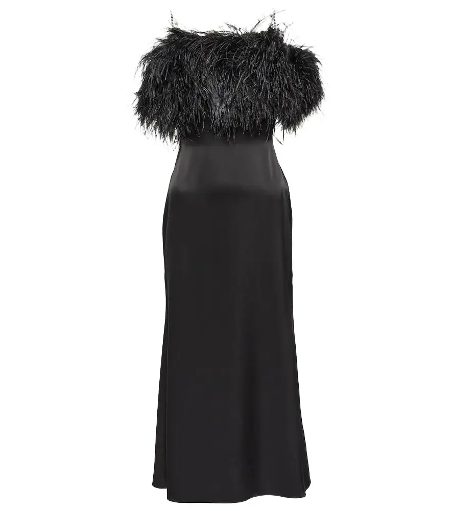 David Koma Feather-trimmed satin midi dress | Image 1 David Koma Feather-trimmed satin midi dress | Image 1
