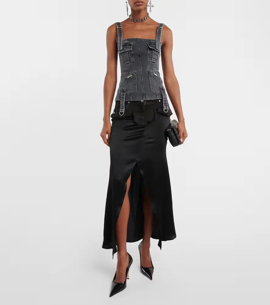 BLUMARINE Denim-trimmed satin maxi skirt | Thumbnail 6