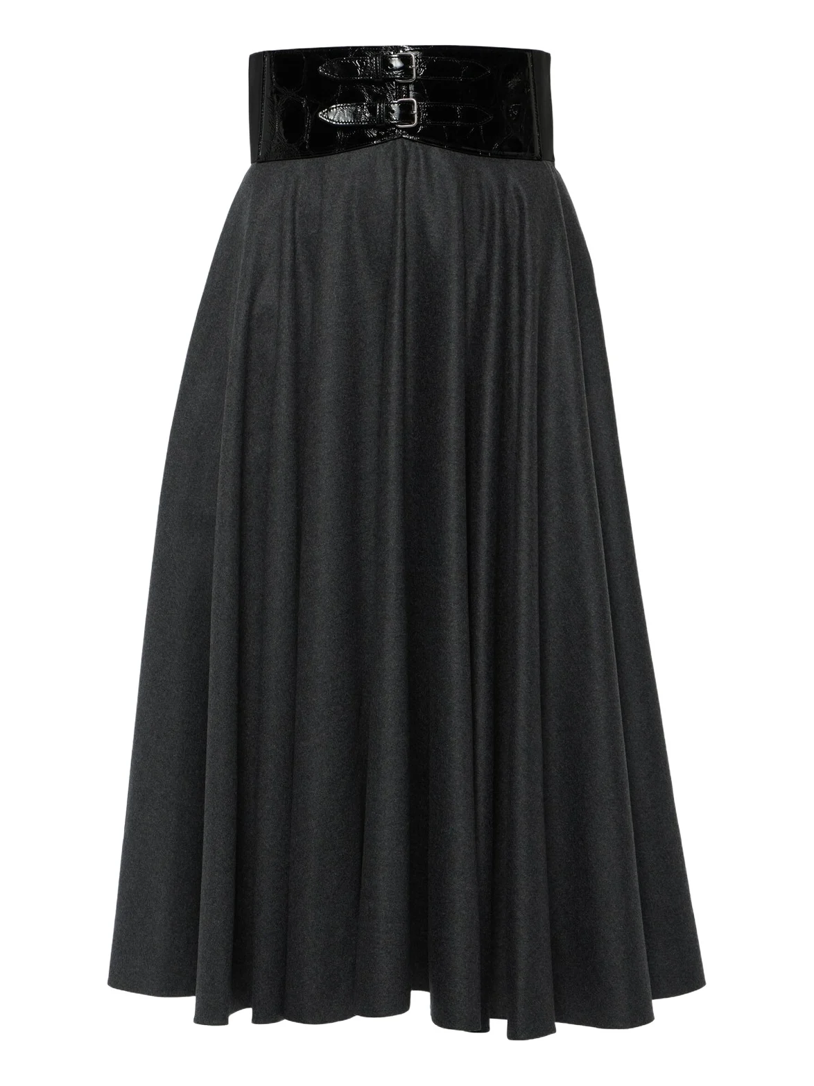 Belted high-rise virgin wool midi skirt