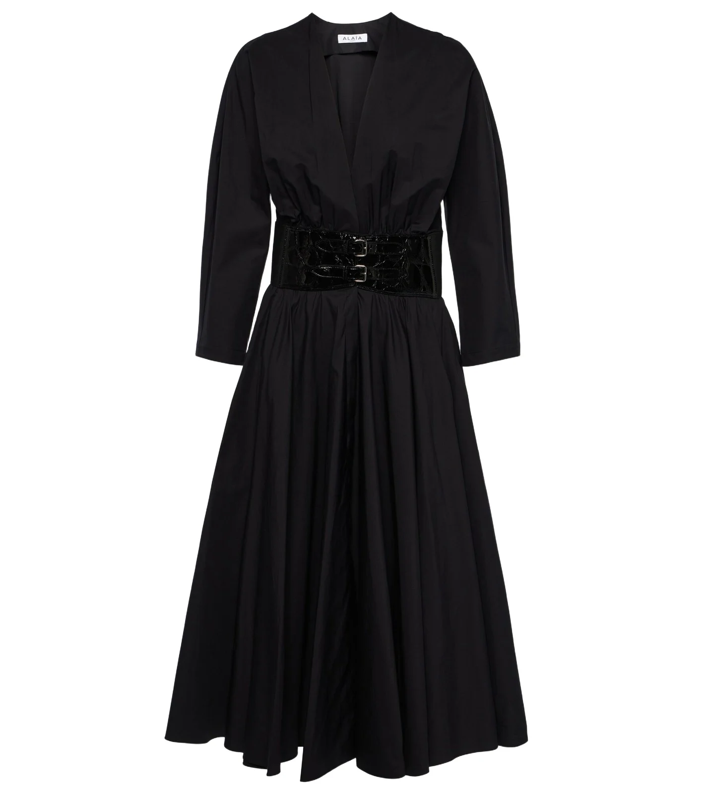 ALAÏA Leather-trimmed cotton midi dress