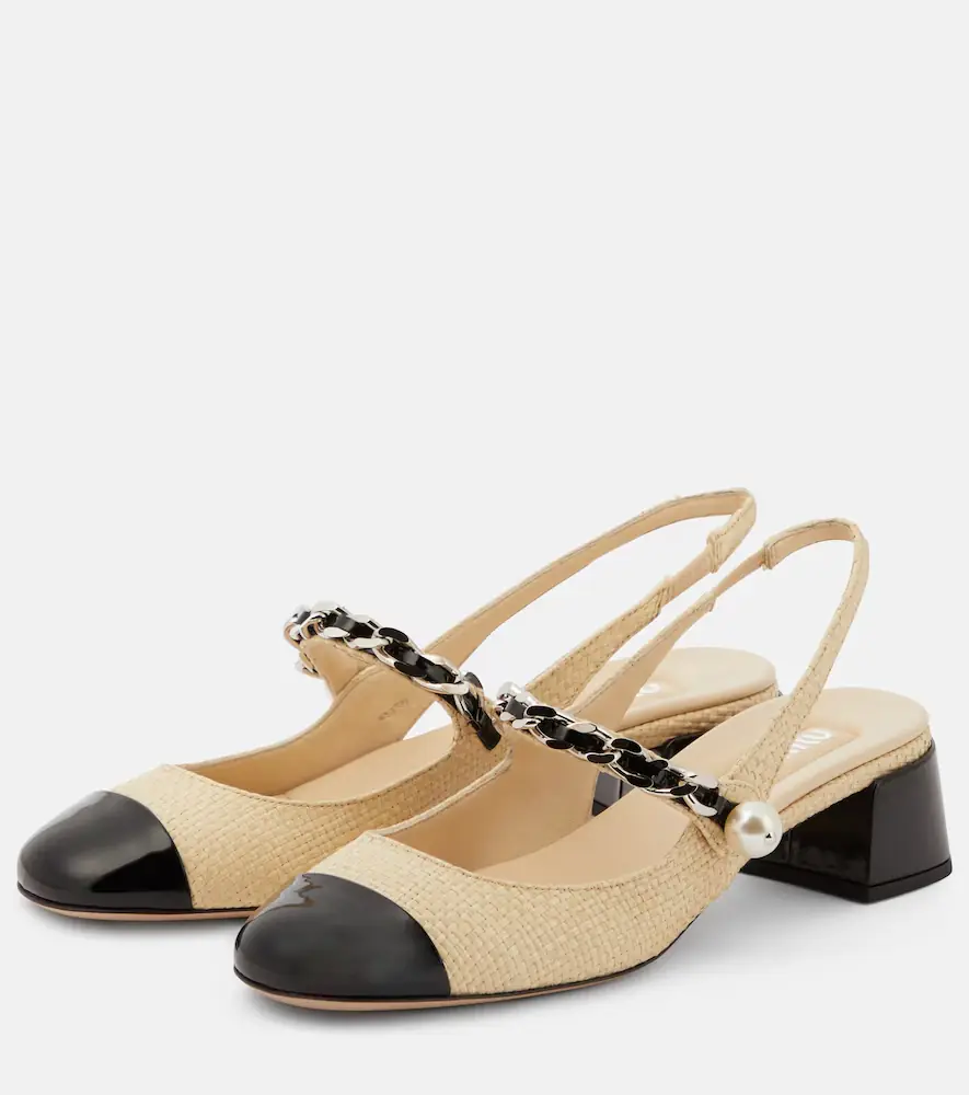 Miu Miu Leather-trimmed raffia slingback pumps | Thumbnail 4