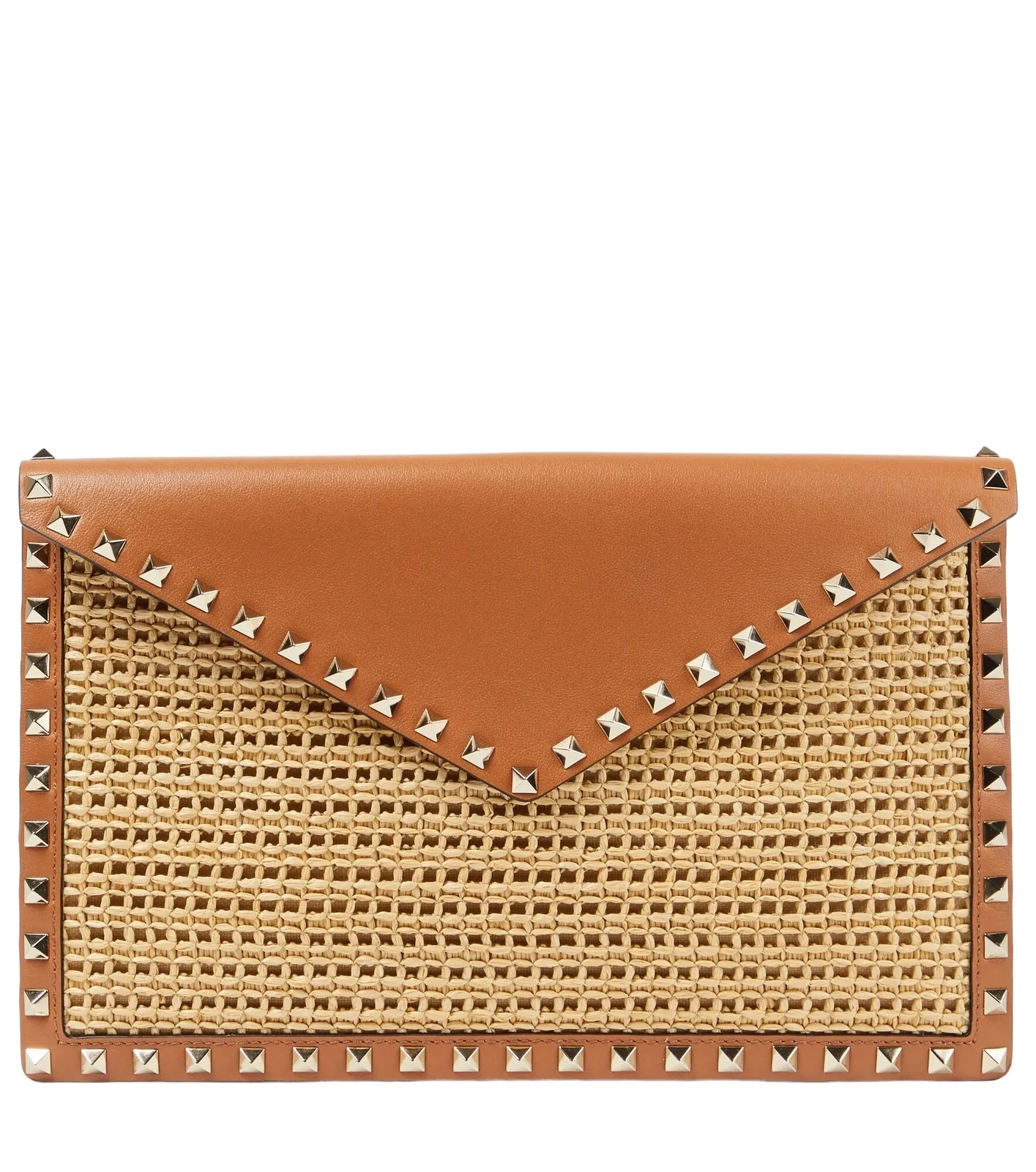 Rockstud Large leather-trimmed raffia clutch Rockstud Large leather-trimmed raffia clutch