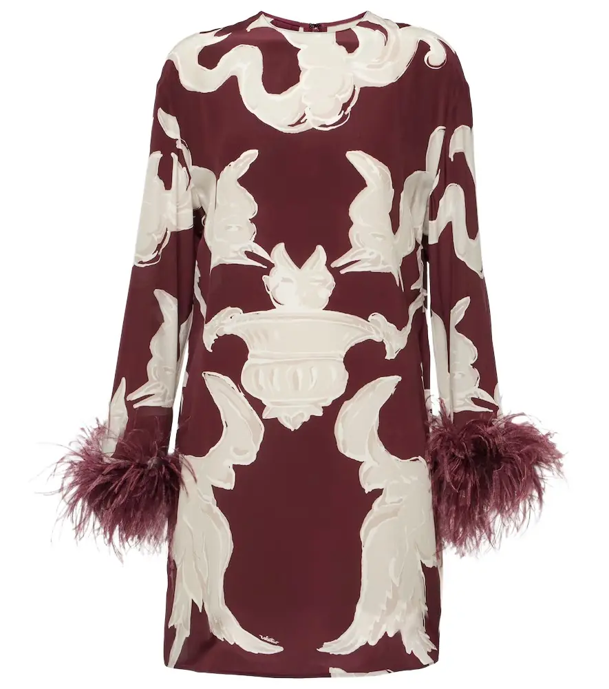 Valentino Garavani Printed feather-trimmed silk minidress