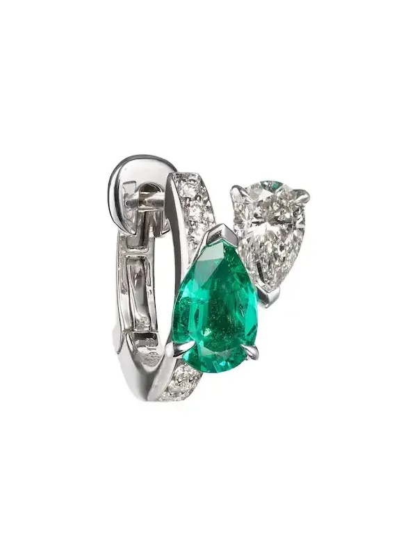 Serti Sur Vide 18kt white gold single earring with diamonds and emerald