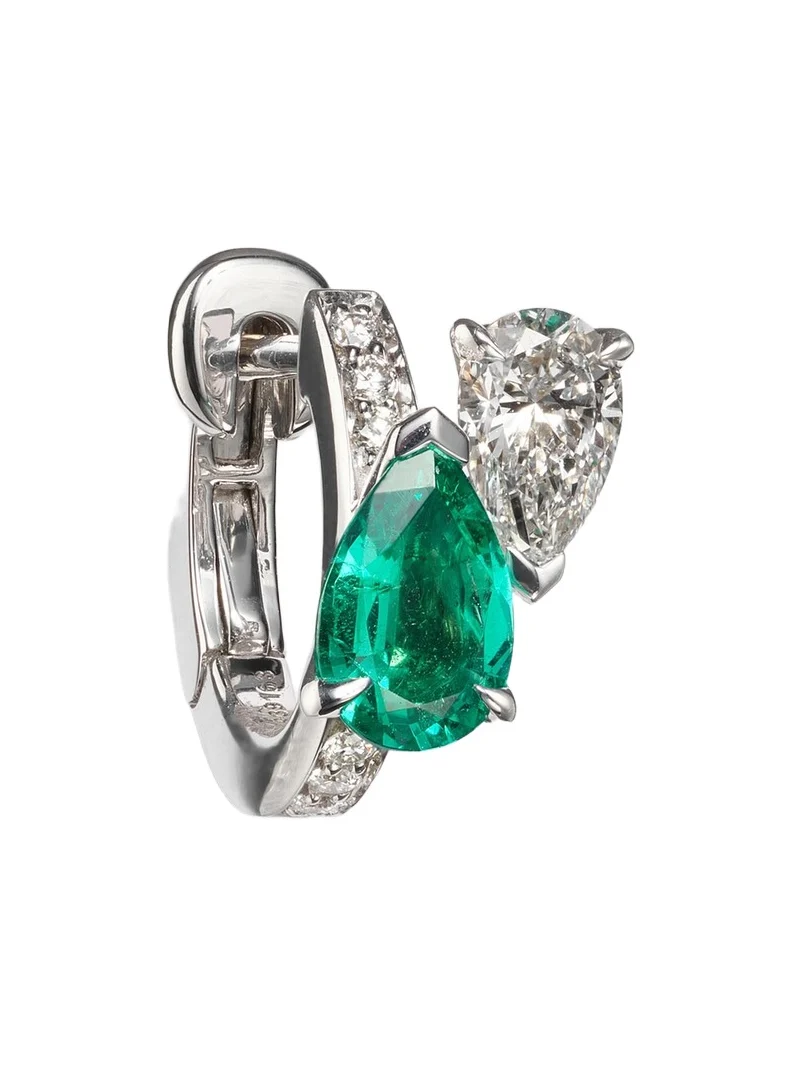 Serti Sur Vide 18kt white gold single earring with diamonds and emerald