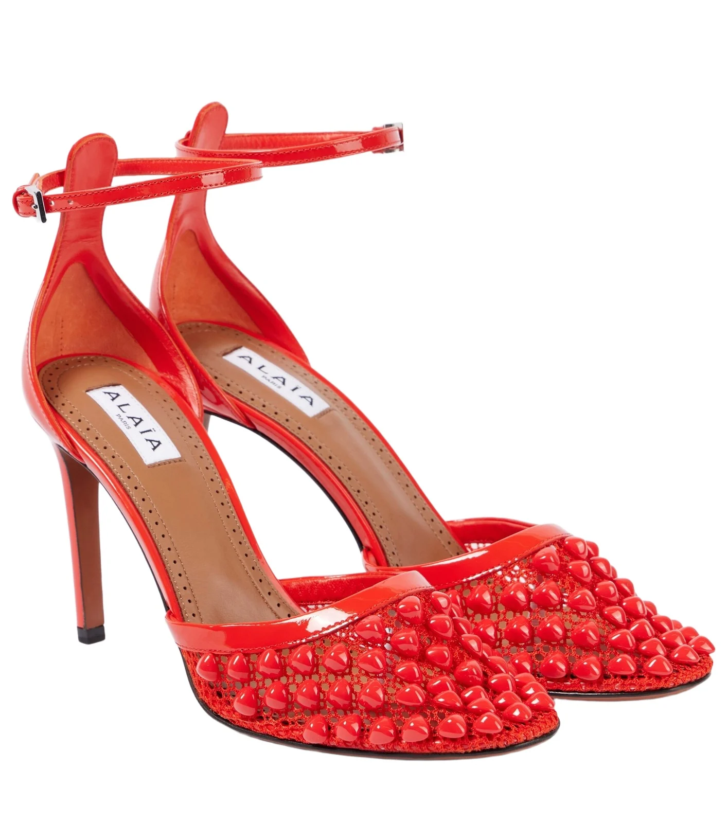 Studded mesh and leather pumps