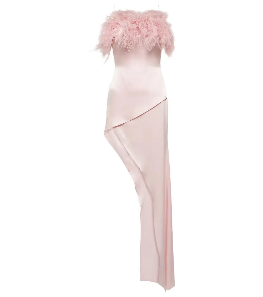 Feather-trimmed satin midi dress Feather-trimmed satin midi dress