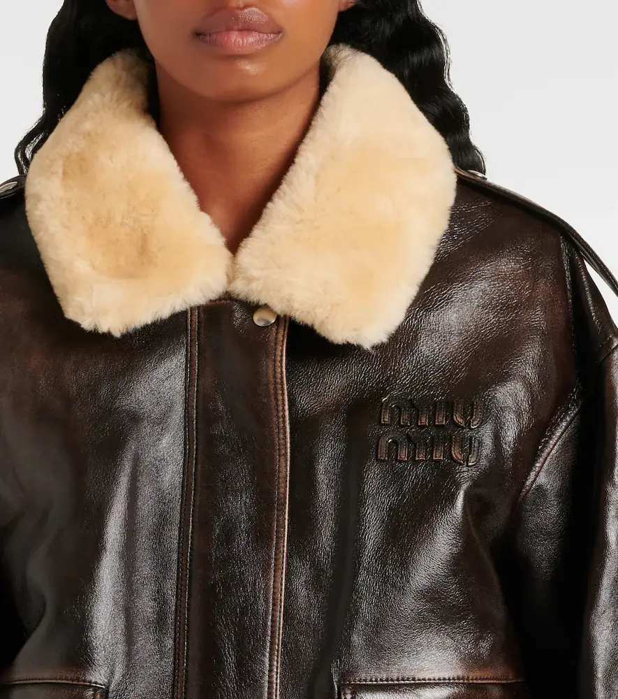 Miu Miu Logo faux shearling-trimmed leather jacket | Thumbnail 2