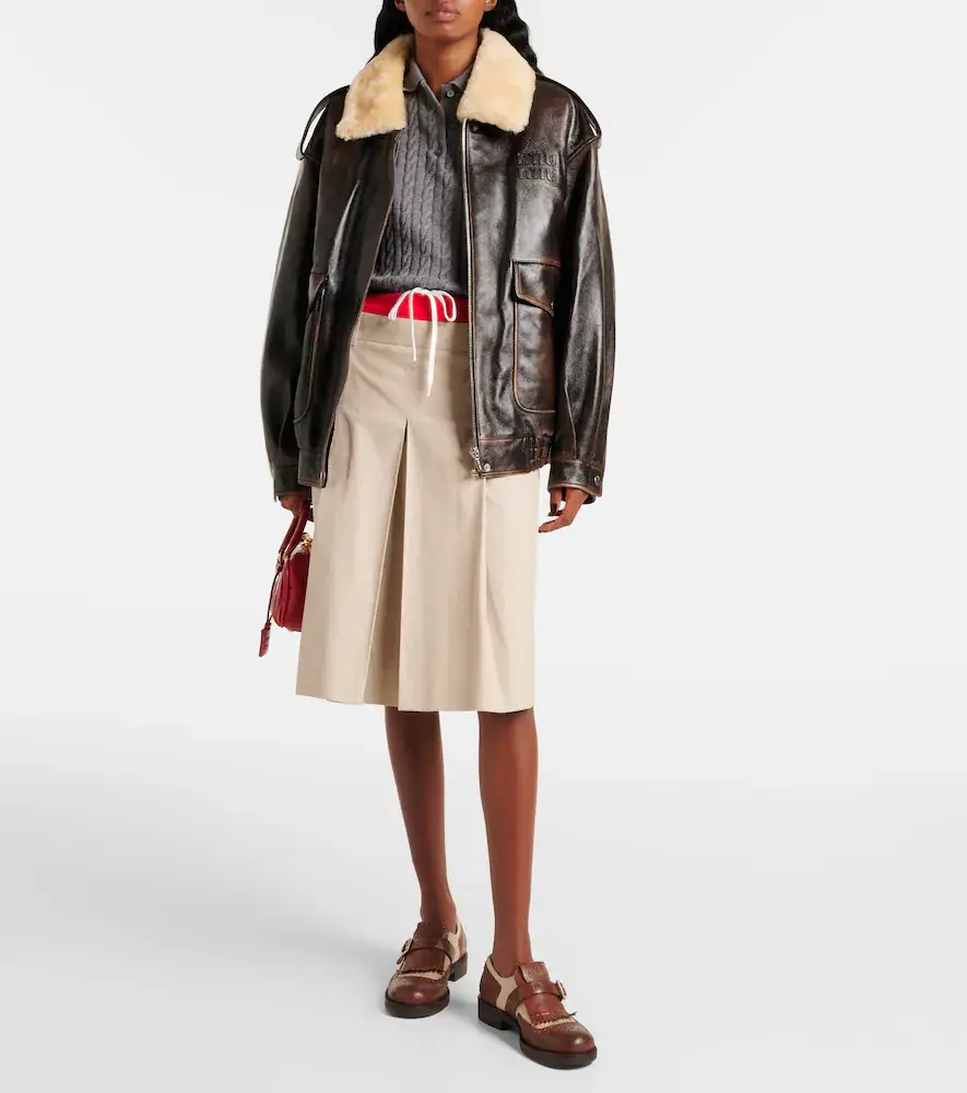 Miu Miu Logo faux shearling-trimmed leather jacket | Thumbnail 3