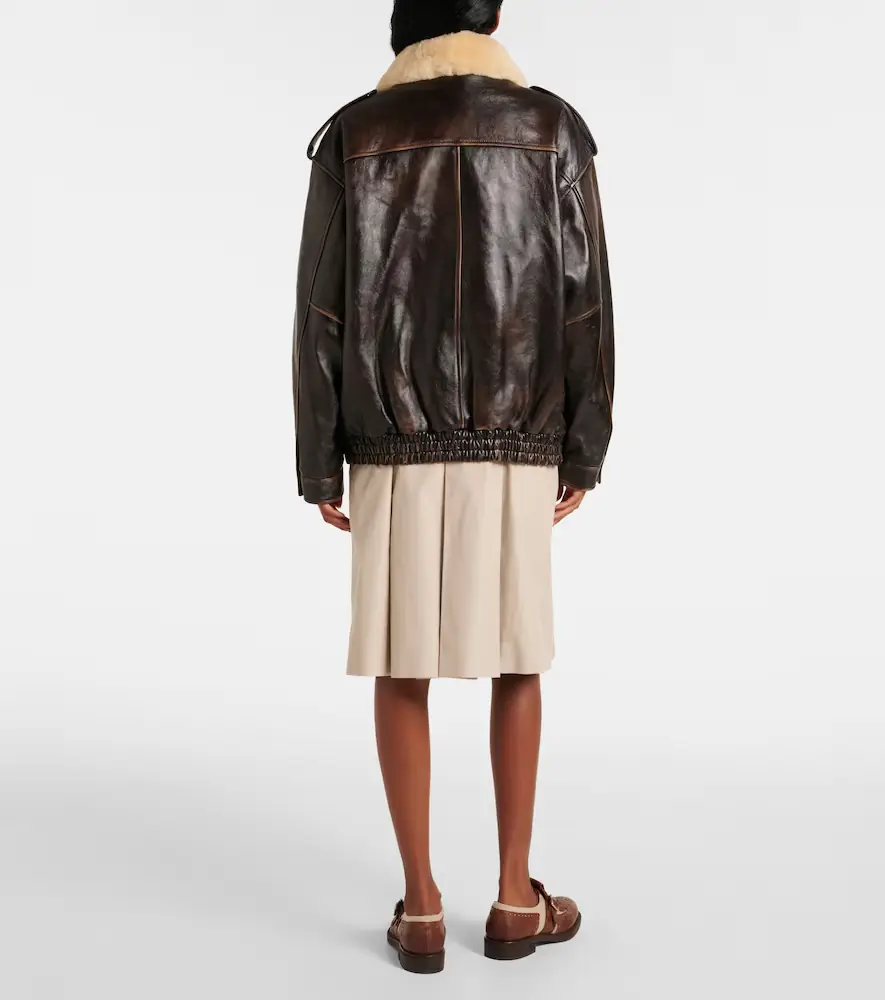 Miu Miu Logo faux shearling-trimmed leather jacket | Thumbnail 6