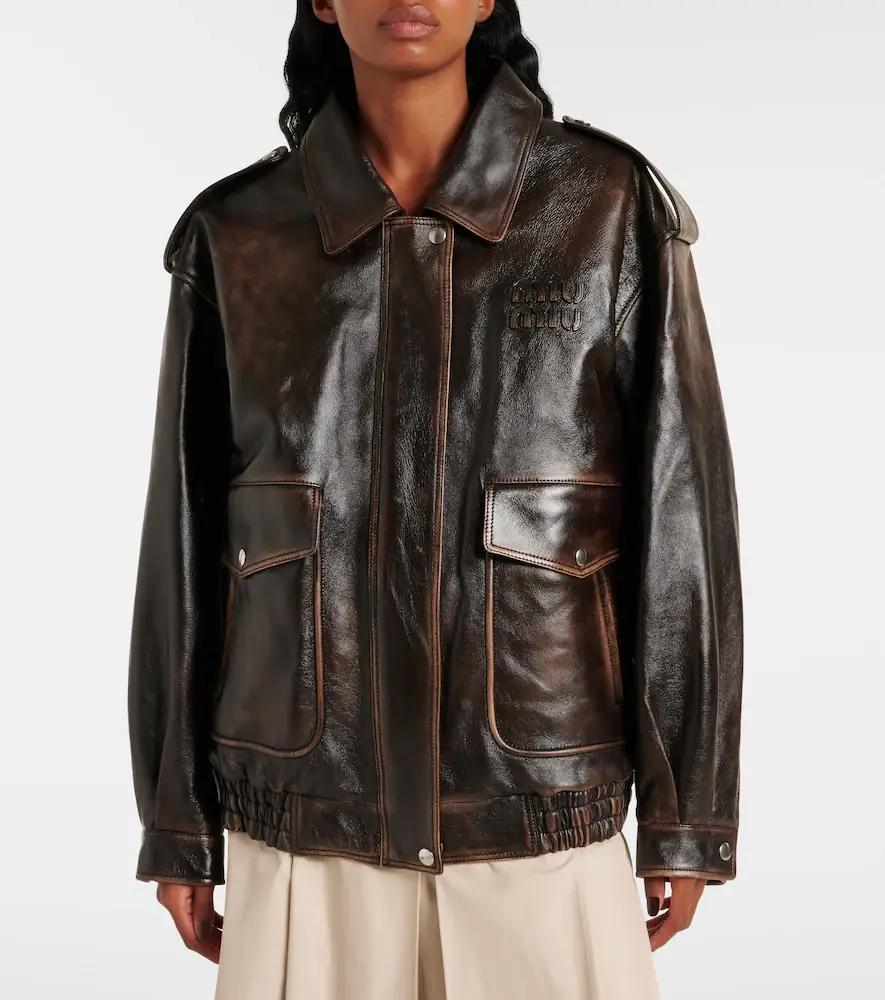 Miu Miu Logo faux shearling-trimmed leather jacket | Thumbnail 7