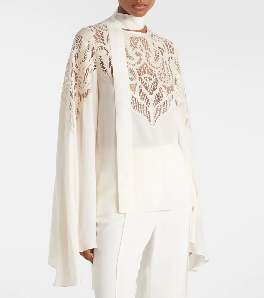 Elie Saab Lace-trimmed tie-neck georgette blouse | Thumbnail 3 Elie Saab Lace-trimmed tie-neck georgette blouse | Thumbnail 3