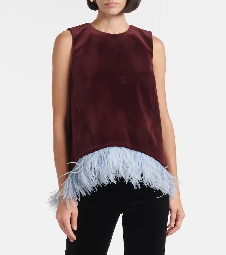 La DoubleJ La Scala feather-trimmed cotton velvet top | Thumbnail 5